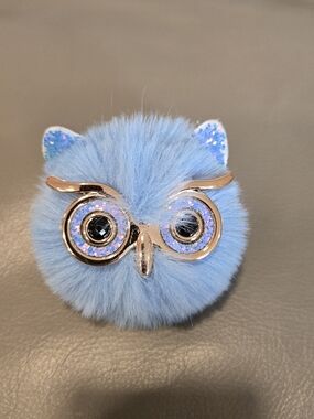 Blue Faux Fur Owl Bag Charm Keychain with Sparkle Accents
